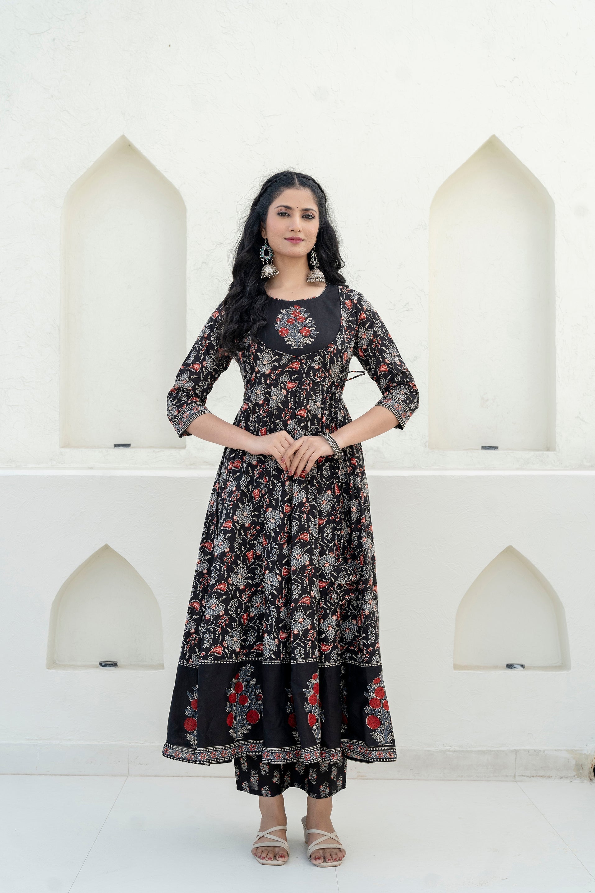 Embroidered & Floral Printed Anarkali Kurta With Pant & Dupatta, Black - Hiral Fashion | Grocsy