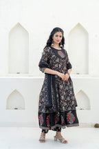 Embroidered & Floral Printed Anarkali Kurta With Pant & Dupatta, Black - Hiral Fashion | Grocsy