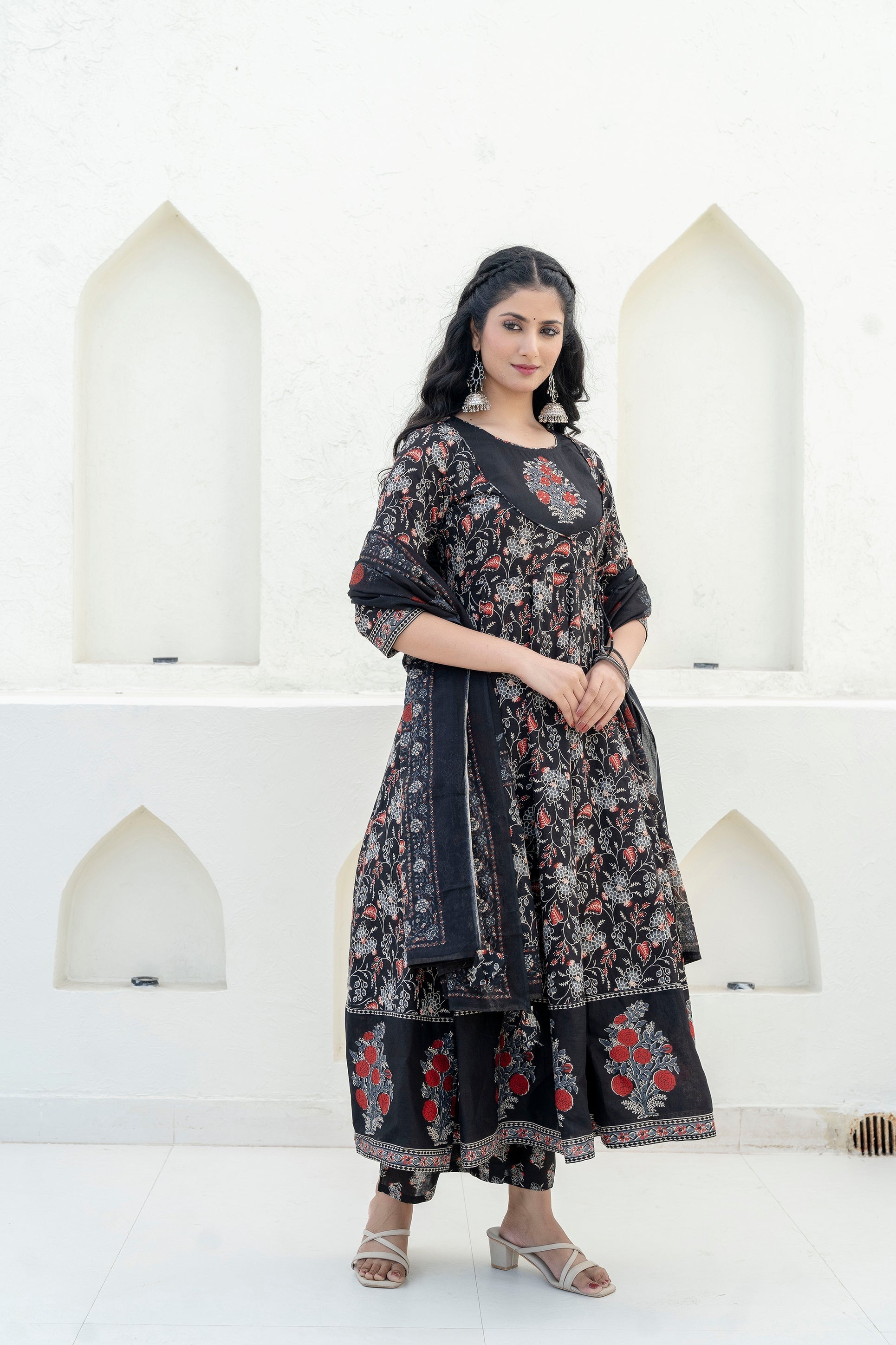 Embroidered & Floral Printed Anarkali Kurta With Pant & Dupatta, Black - Hiral Fashion | Grocsy