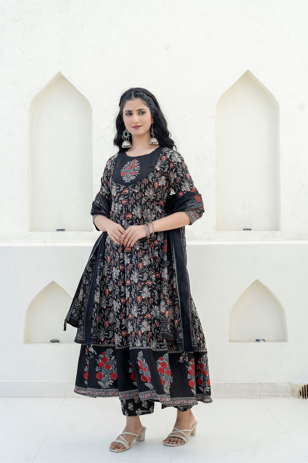 Embroidered & Floral Printed Anarkali Kurta With Pant & Dupatta, Black - Hiral Fashion | Grocsy