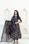 Embroidered & Floral Printed Anarkali Kurta With Pant & Dupatta, Black - Hiral Fashion | Grocsy