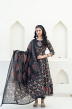 Embroidered & Floral Printed Anarkali Kurta With Pant & Dupatta, Black - Hiral Fashion | Grocsy