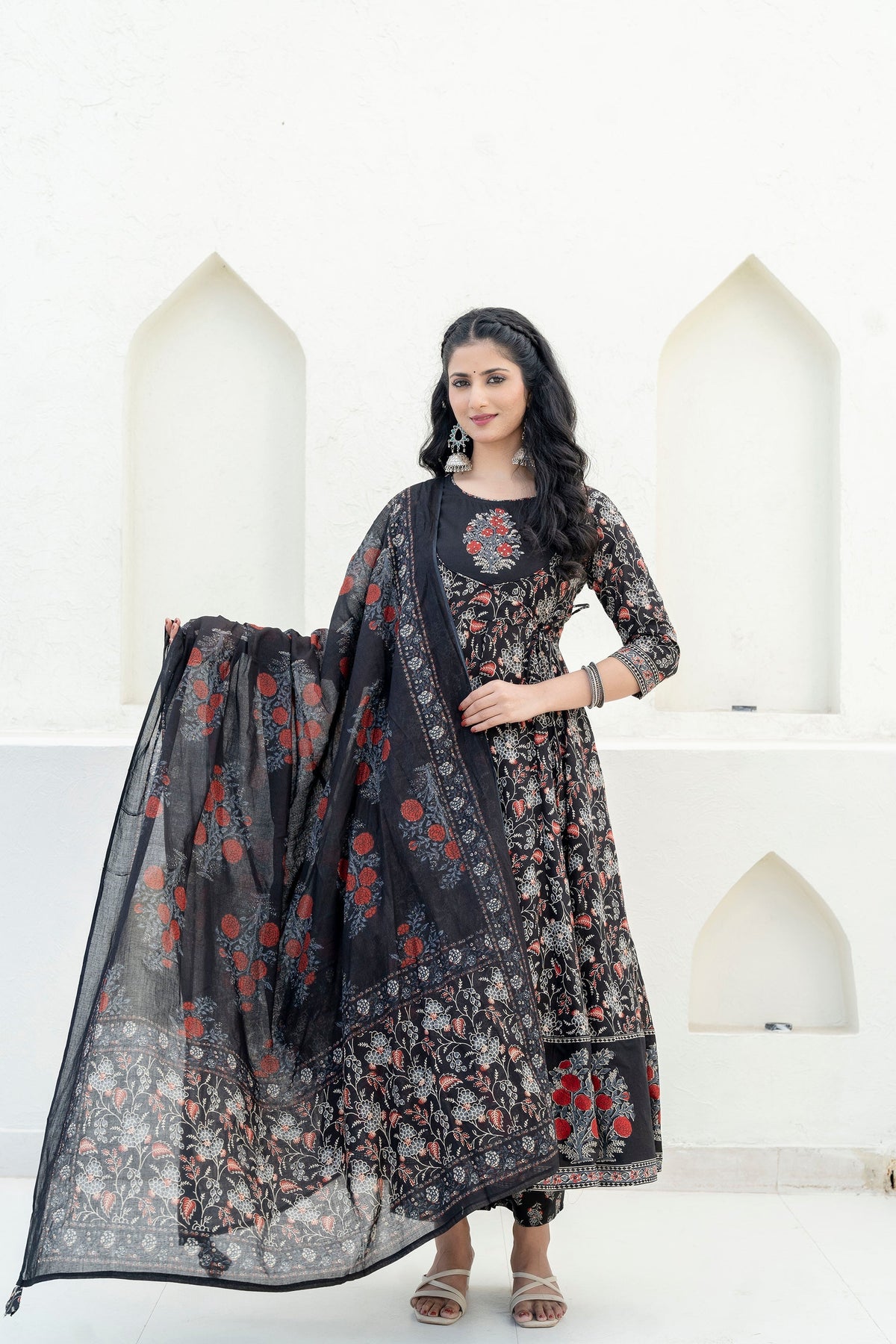 Embroidered & Floral Printed Anarkali Kurta With Pant & Dupatta, Black - Hiral Fashion | Grocsy