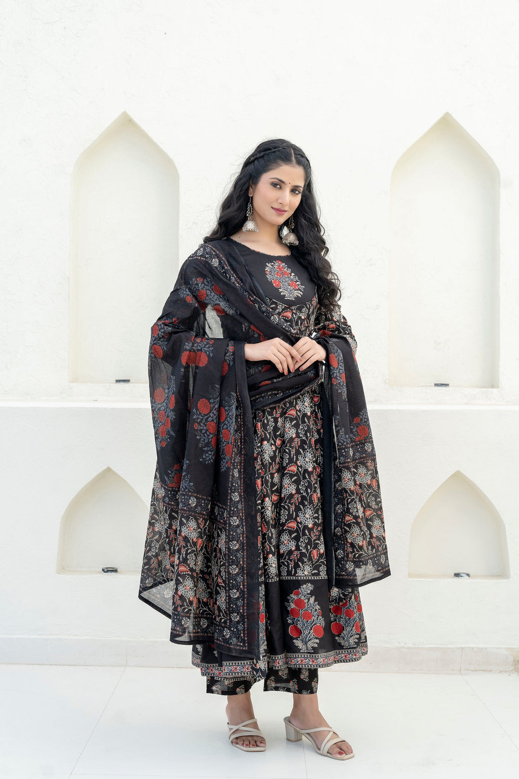 Embroidered & Floral Printed Anarkali Kurta With Pant & Dupatta, Black - Hiral Fashion | Grocsy