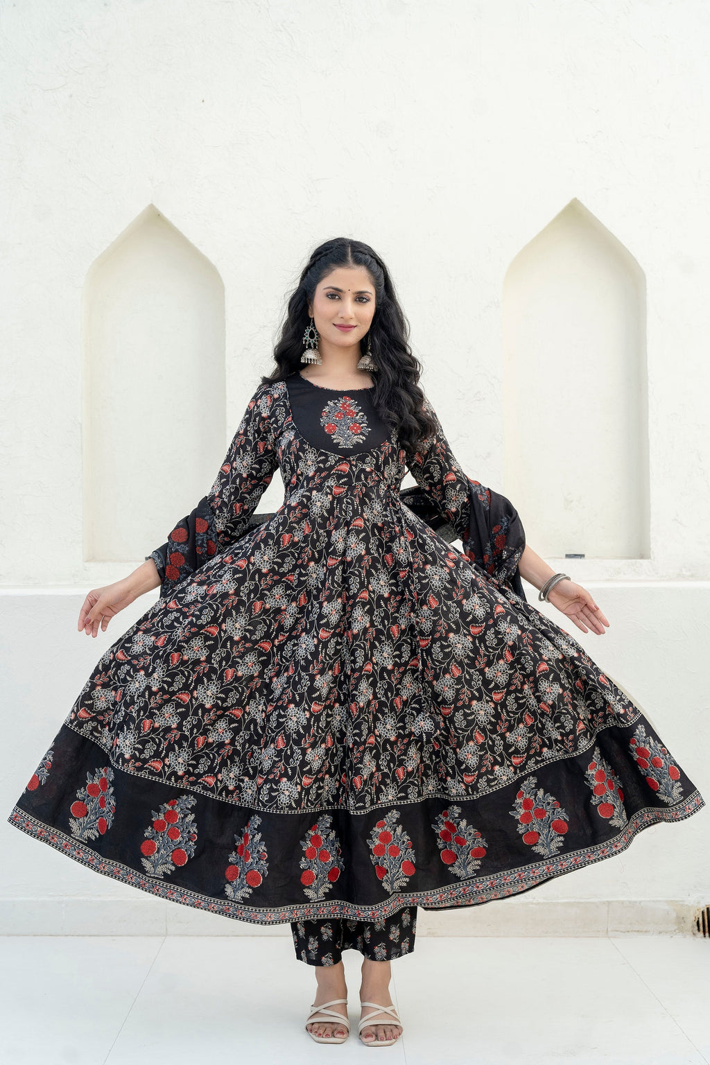 Embroidered & Floral Printed Anarkali Kurta With Pant & Dupatta, Black - Hiral Fashion | Grocsy