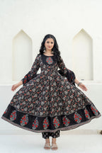 Embroidered & Floral Printed Anarkali Kurta With Pant & Dupatta, Black - Hiral Fashion | Grocsy