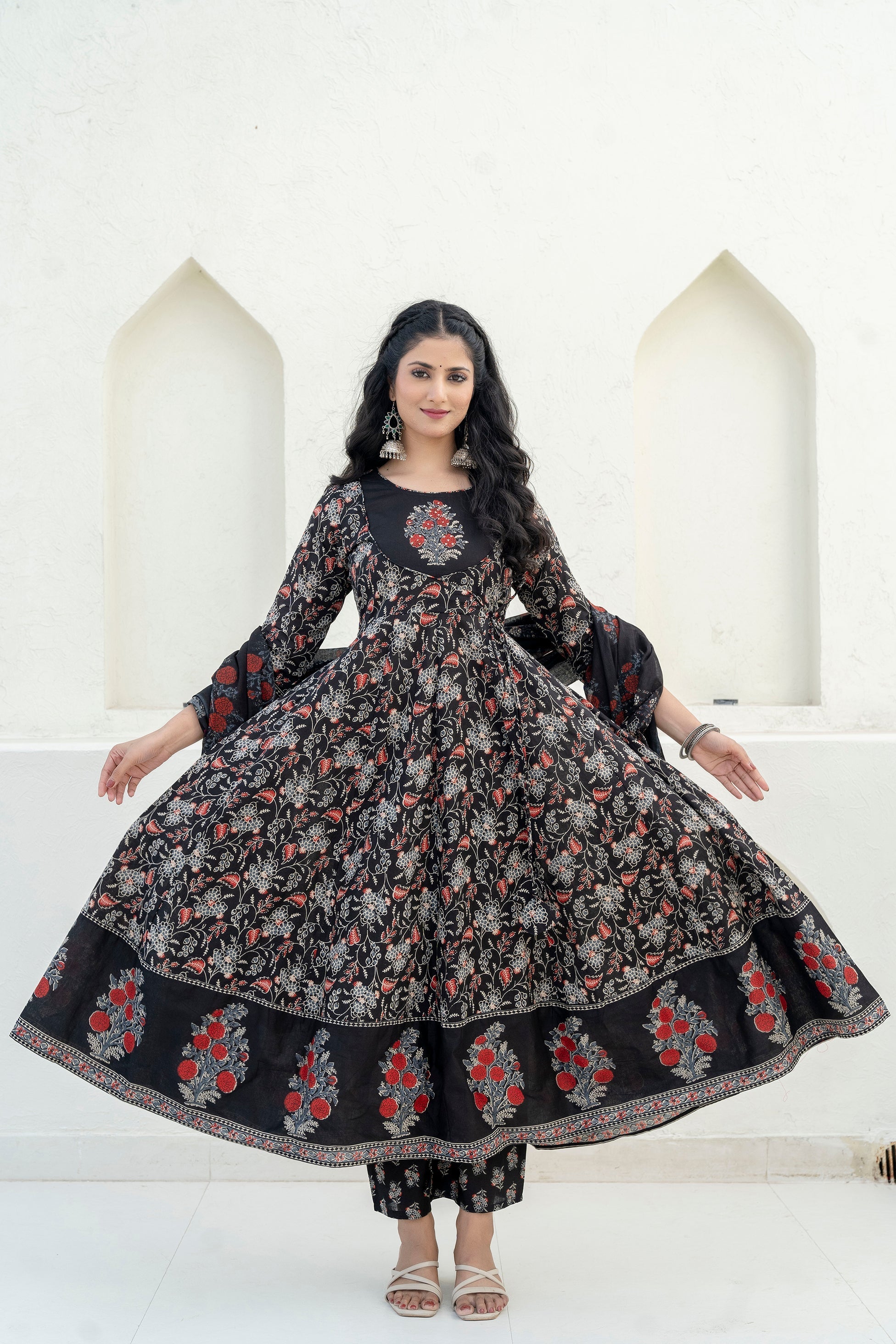 Embroidered & Floral Printed Anarkali Kurta With Pant & Dupatta, Black - Hiral Fashion | Grocsy