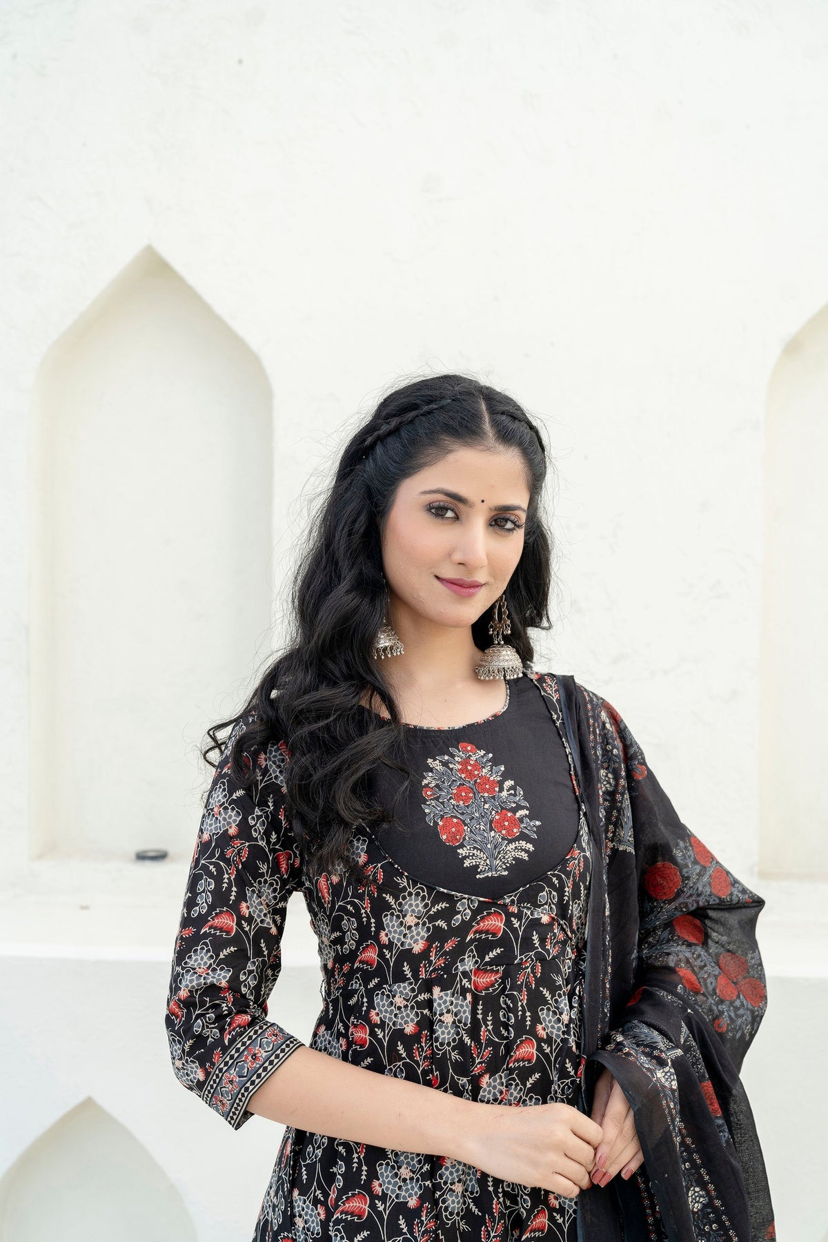 Embroidered & Floral Printed Anarkali Kurta With Pant & Dupatta, Black - Hiral Fashion | Grocsy