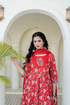 Embroidered & Floral Printed Anarkali Kurta With Pant & Dupatta, Red - Hiral Fashion | Grocsy