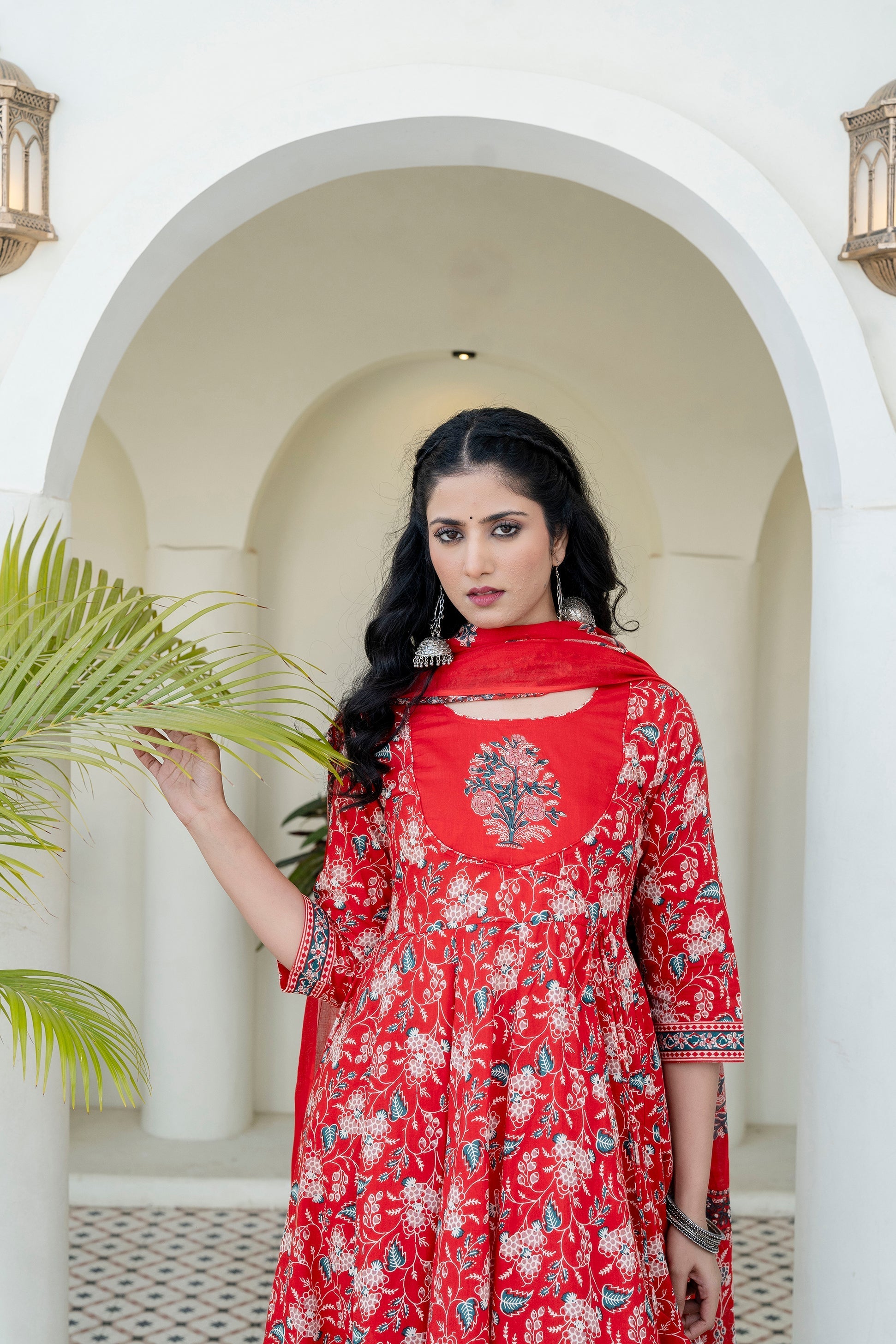 Embroidered & Floral Printed Anarkali Kurta With Pant & Dupatta, Red - Hiral Fashion | Grocsy