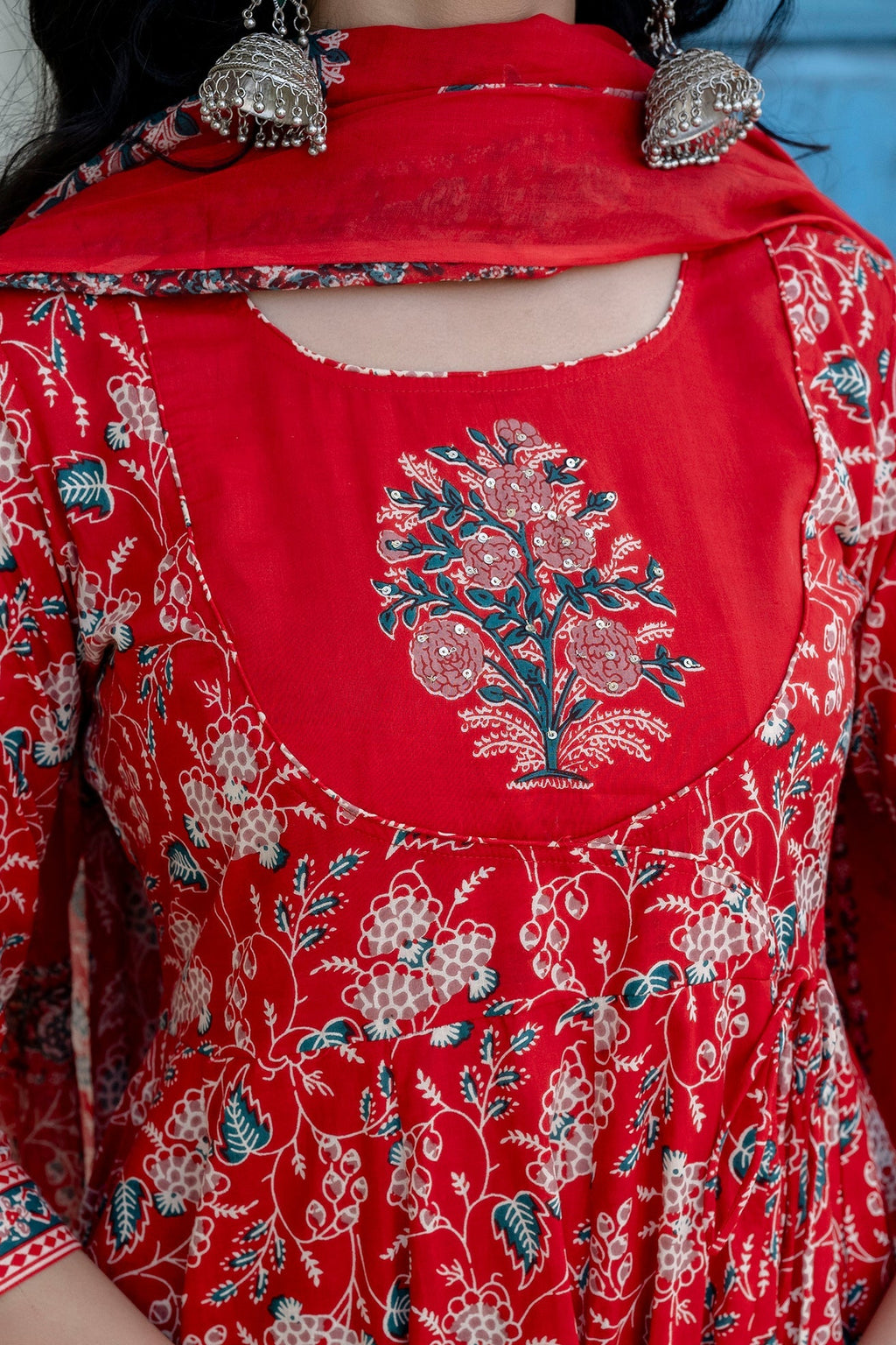 Embroidered & Floral Printed Anarkali Kurta With Pant & Dupatta, Red - Hiral Fashion | Grocsy