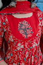 Embroidered & Floral Printed Anarkali Kurta With Pant & Dupatta, Red - Hiral Fashion | Grocsy