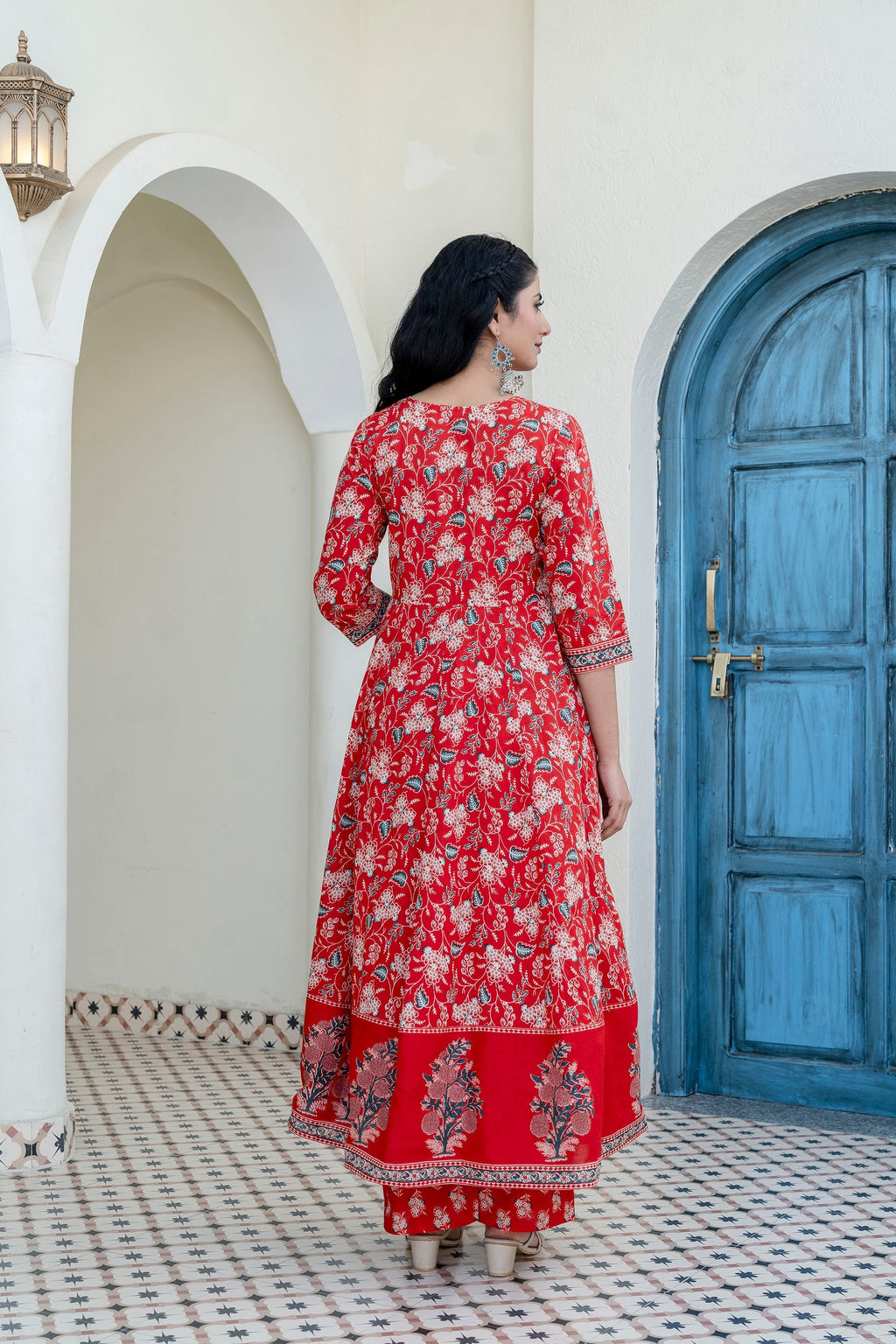 Embroidered & Floral Printed Anarkali Kurta With Pant & Dupatta, Red - Hiral Fashion | Grocsy