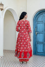 Embroidered & Floral Printed Anarkali Kurta With Pant & Dupatta, Red - Hiral Fashion | Grocsy