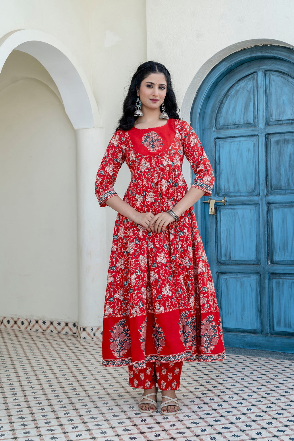 Embroidered & Floral Printed Anarkali Kurta With Pant & Dupatta, Red - Hiral Fashion | Grocsy