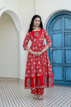 Embroidered & Floral Printed Anarkali Kurta With Pant & Dupatta, Red - Hiral Fashion | Grocsy