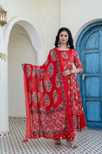 Embroidered & Floral Printed Anarkali Kurta With Pant & Dupatta, Red - Hiral Fashion | Grocsy