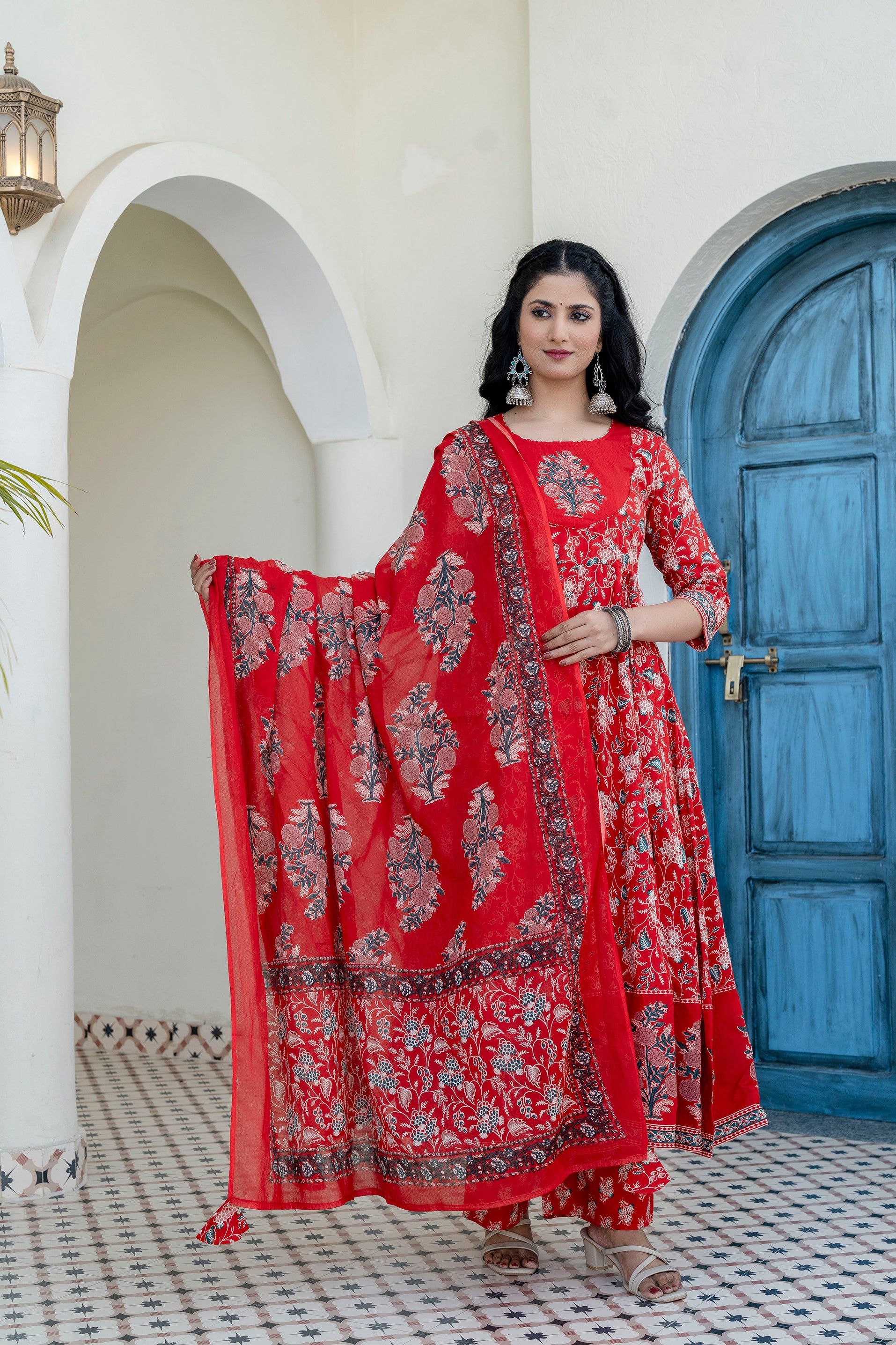 Embroidered & Floral Printed Anarkali Kurta With Pant & Dupatta, Red - Hiral Fashion | Grocsy