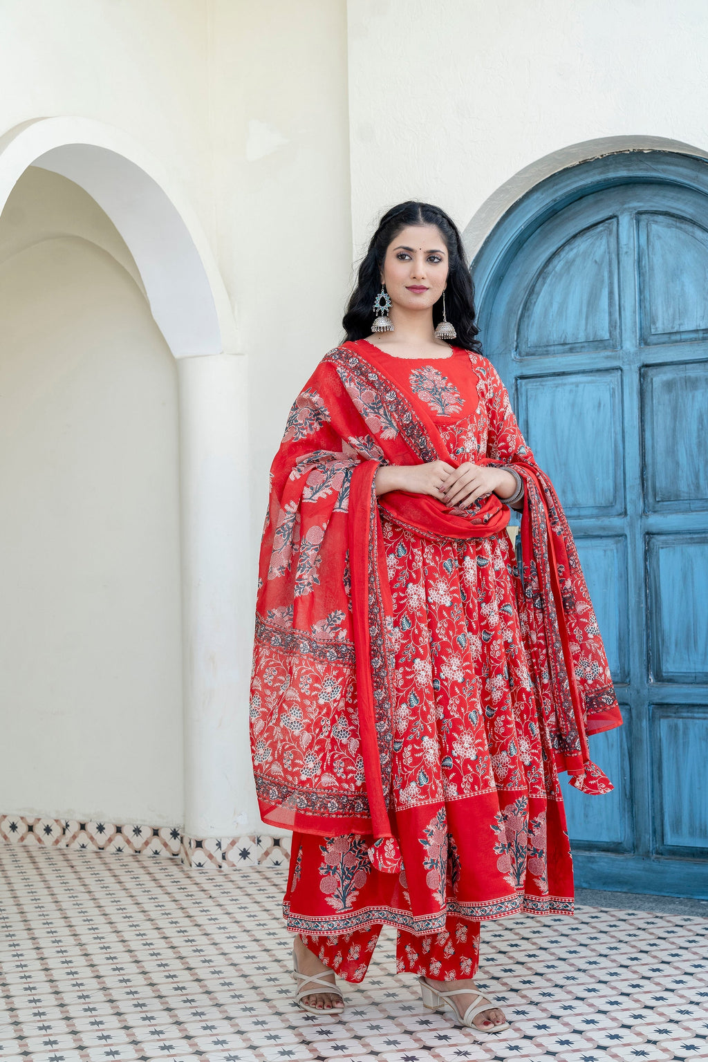 Embroidered & Floral Printed Anarkali Kurta With Pant & Dupatta, Red - Hiral Fashion | Grocsy
