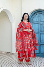 Embroidered & Floral Printed Anarkali Kurta With Pant & Dupatta, Red - Hiral Fashion | Grocsy