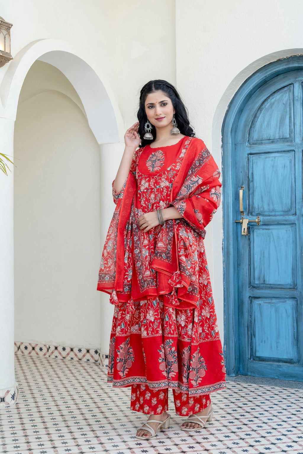 Embroidered & Floral Printed Anarkali Kurta With Pant & Dupatta, Red - Hiral Fashion | Grocsy