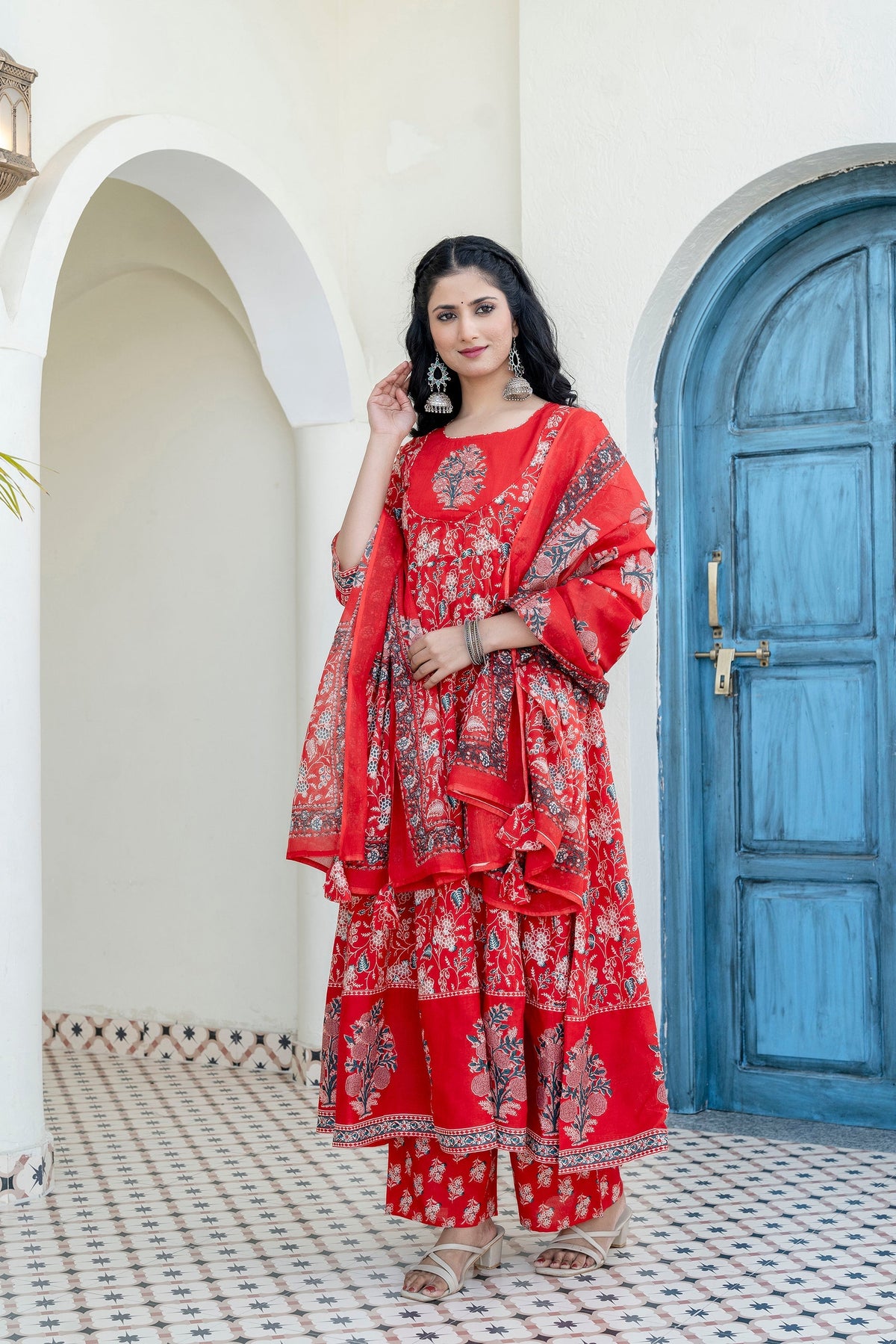 Embroidered & Floral Printed Anarkali Kurta With Pant & Dupatta, Red - Hiral Fashion | Grocsy