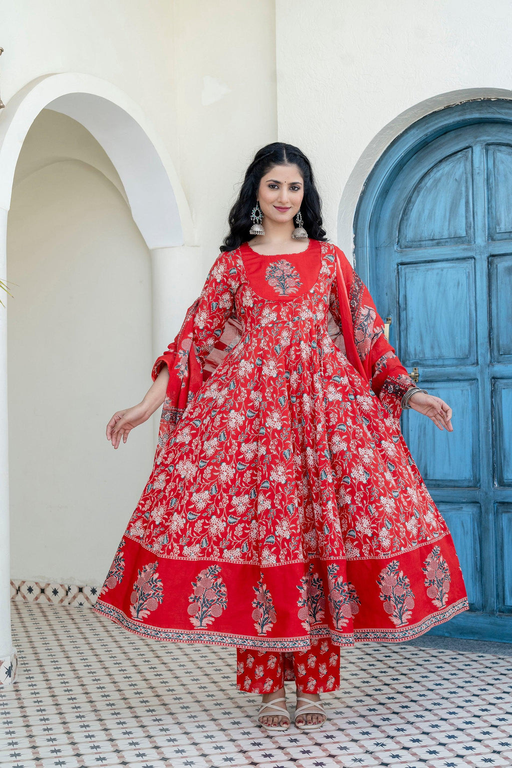 Embroidered & Floral Printed Anarkali Kurta With Pant & Dupatta, Red - Hiral Fashion | Grocsy