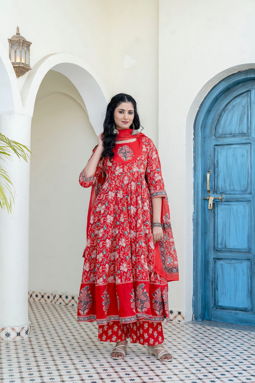 Embroidered & Floral Printed Anarkali Kurta With Pant & Dupatta, Red - Hiral Fashion | Grocsy