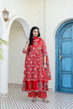 Embroidered & Floral Printed Anarkali Kurta With Pant & Dupatta, Red - Hiral Fashion | Grocsy