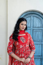 Embroidered & Floral Printed Anarkali Kurta With Pant & Dupatta, Red - Hiral Fashion | Grocsy