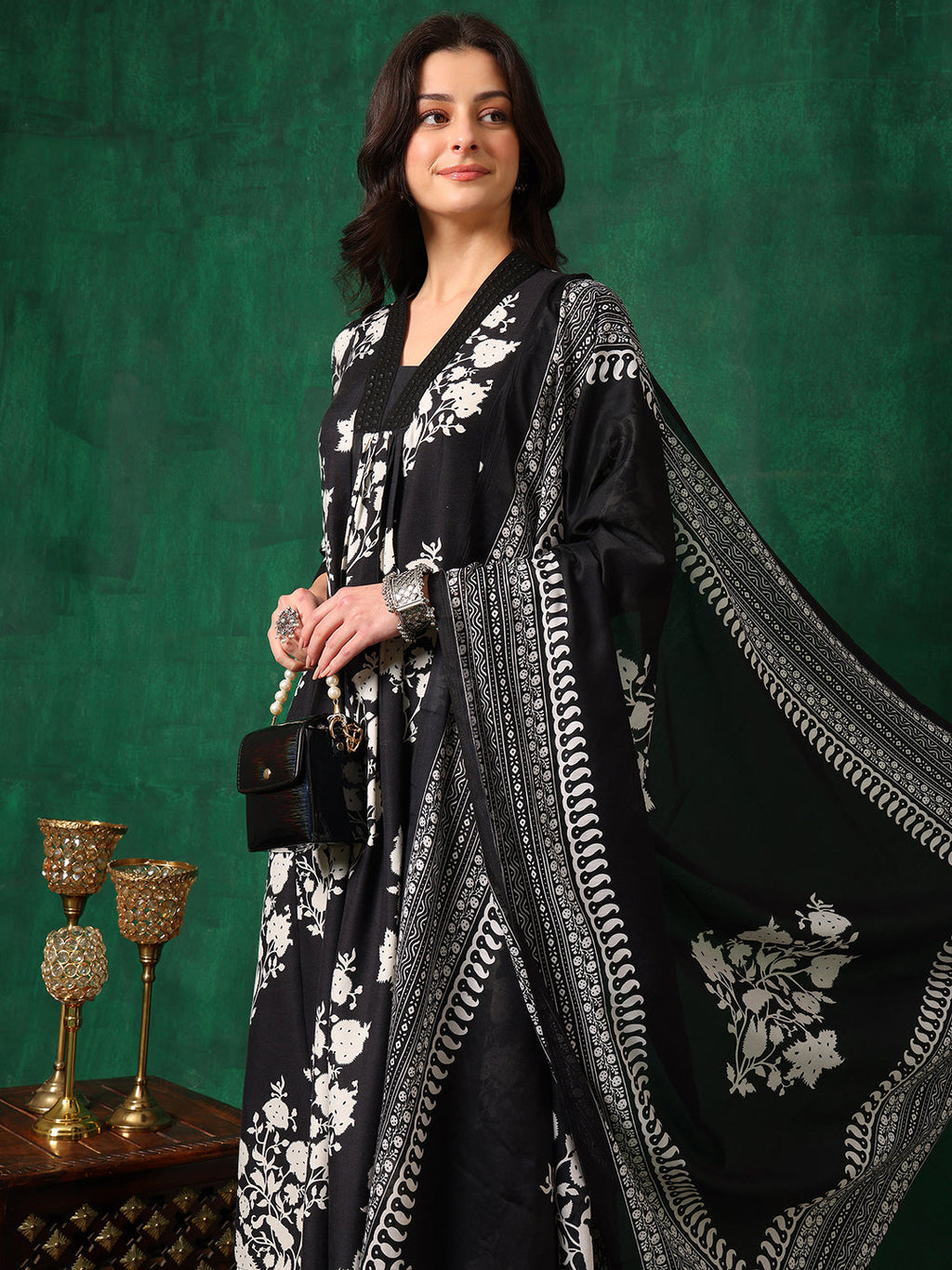 Embroidered & Printed Flared Kurta With Pant & Dupatta, Black - Hiral Fashion | Grocsy