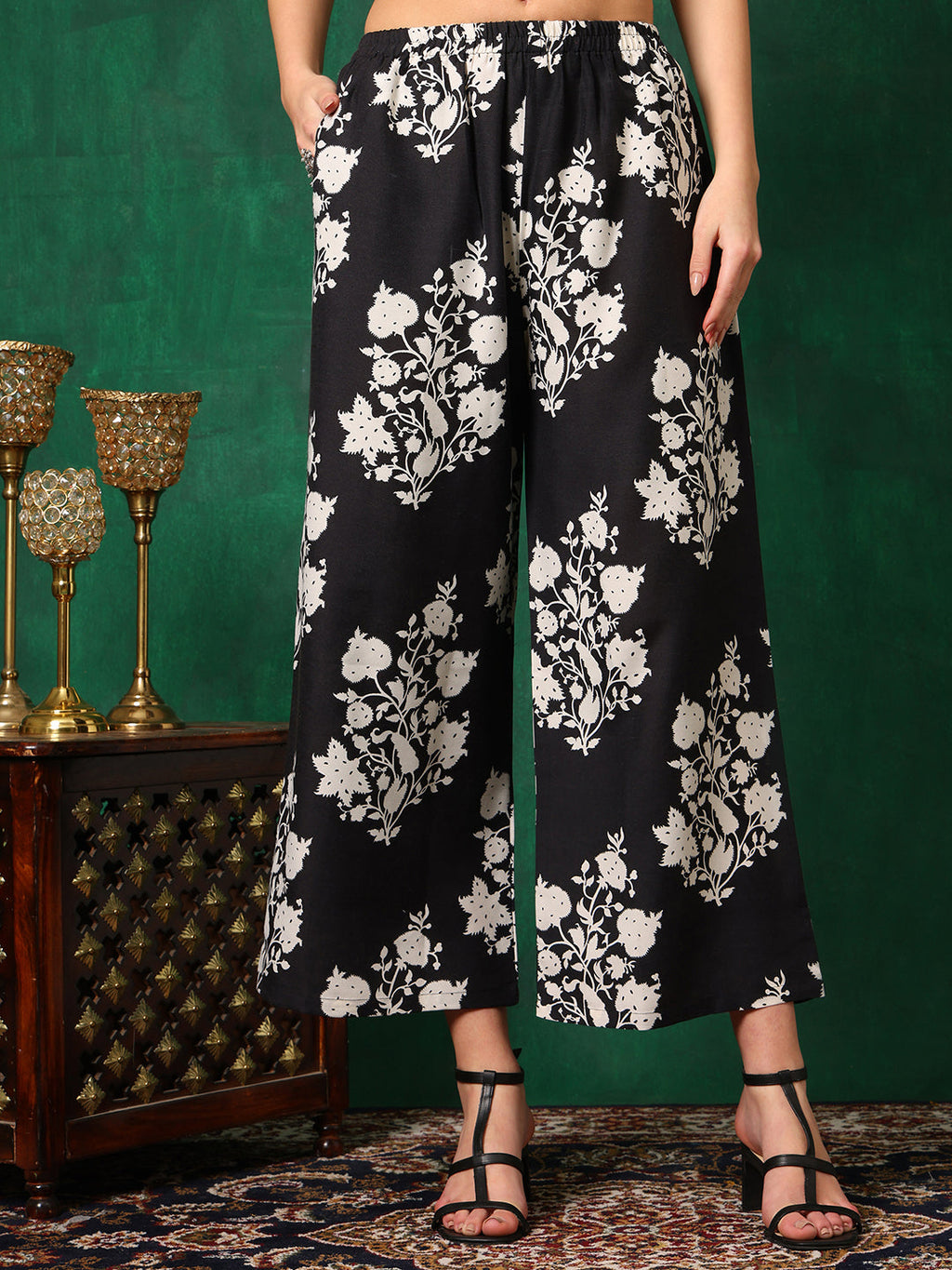 Embroidered & Printed Flared Kurta With Pant & Dupatta, Black - Hiral Fashion | Grocsy