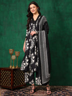 Embroidered & Printed Flared Kurta With Pant & Dupatta, Black - Hiral Fashion | Grocsy