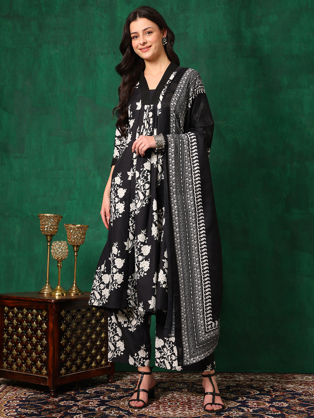 Embroidered & Printed Flared Kurta With Pant & Dupatta, Black - Hiral Fashion | Grocsy