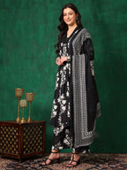 Embroidered & Printed Flared Kurta With Pant & Dupatta, Black - Hiral Fashion | Grocsy