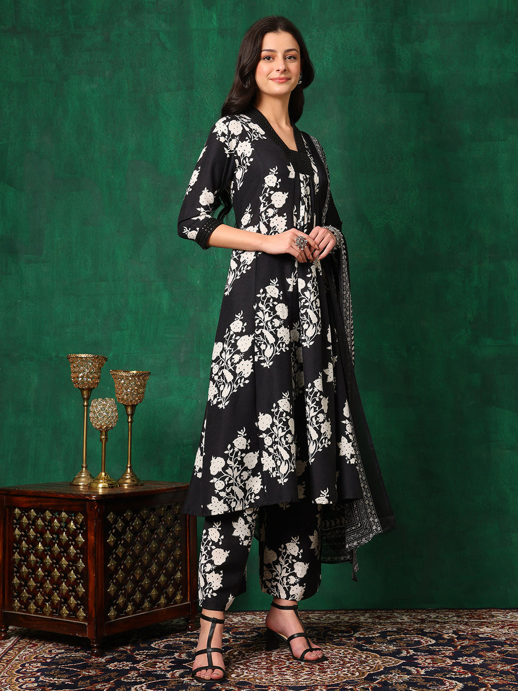 Embroidered & Printed Flared Kurta With Pant & Dupatta, Black - Hiral Fashion | Grocsy