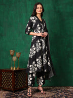 Embroidered & Printed Flared Kurta With Pant & Dupatta, Black - Hiral Fashion | Grocsy