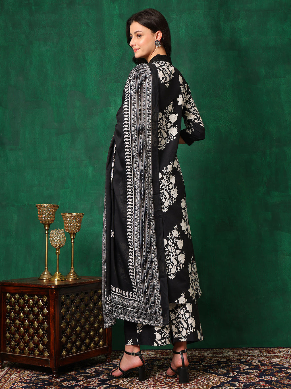 Embroidered & Printed Flared Kurta With Pant & Dupatta, Black - Hiral Fashion | Grocsy