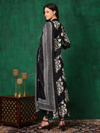 Embroidered & Printed Flared Kurta With Pant & Dupatta, Black - Hiral Fashion | Grocsy
