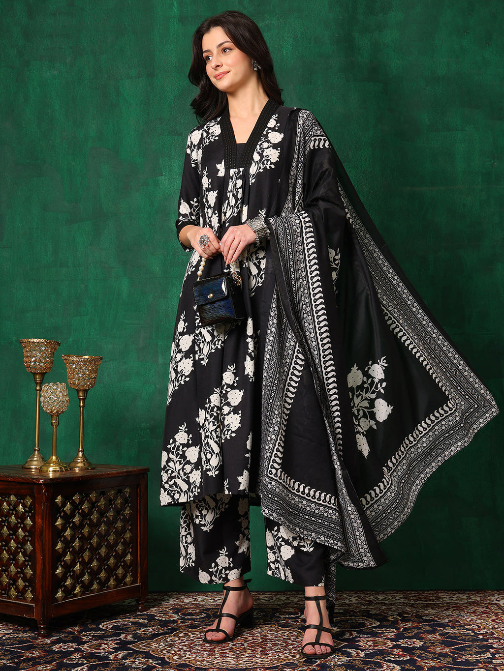Embroidered & Printed Flared Kurta With Pant & Dupatta, Black - Hiral Fashion | Grocsy