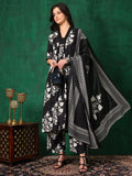 Embroidered & Printed Flared Kurta With Pant & Dupatta, Black - Hiral Fashion | Grocsy