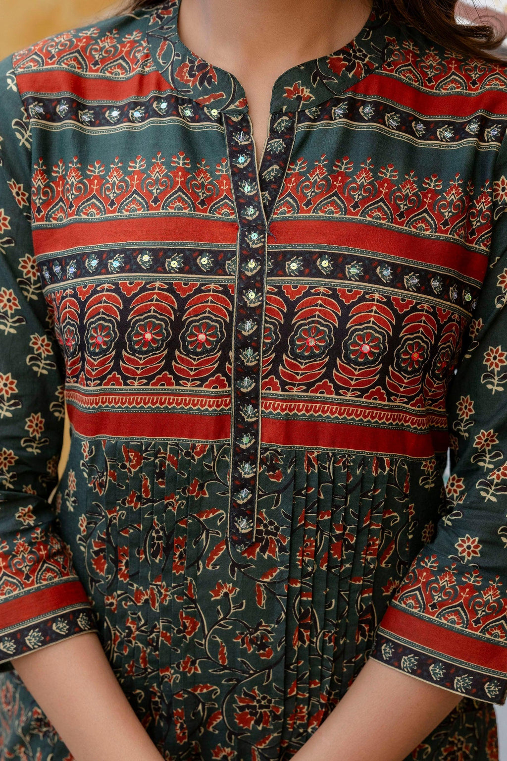 Ethnic Printed A-Line Kurta With Pant & Coordinated Dupatta, Bottle-Green - Hiral Fashion | Grocsy