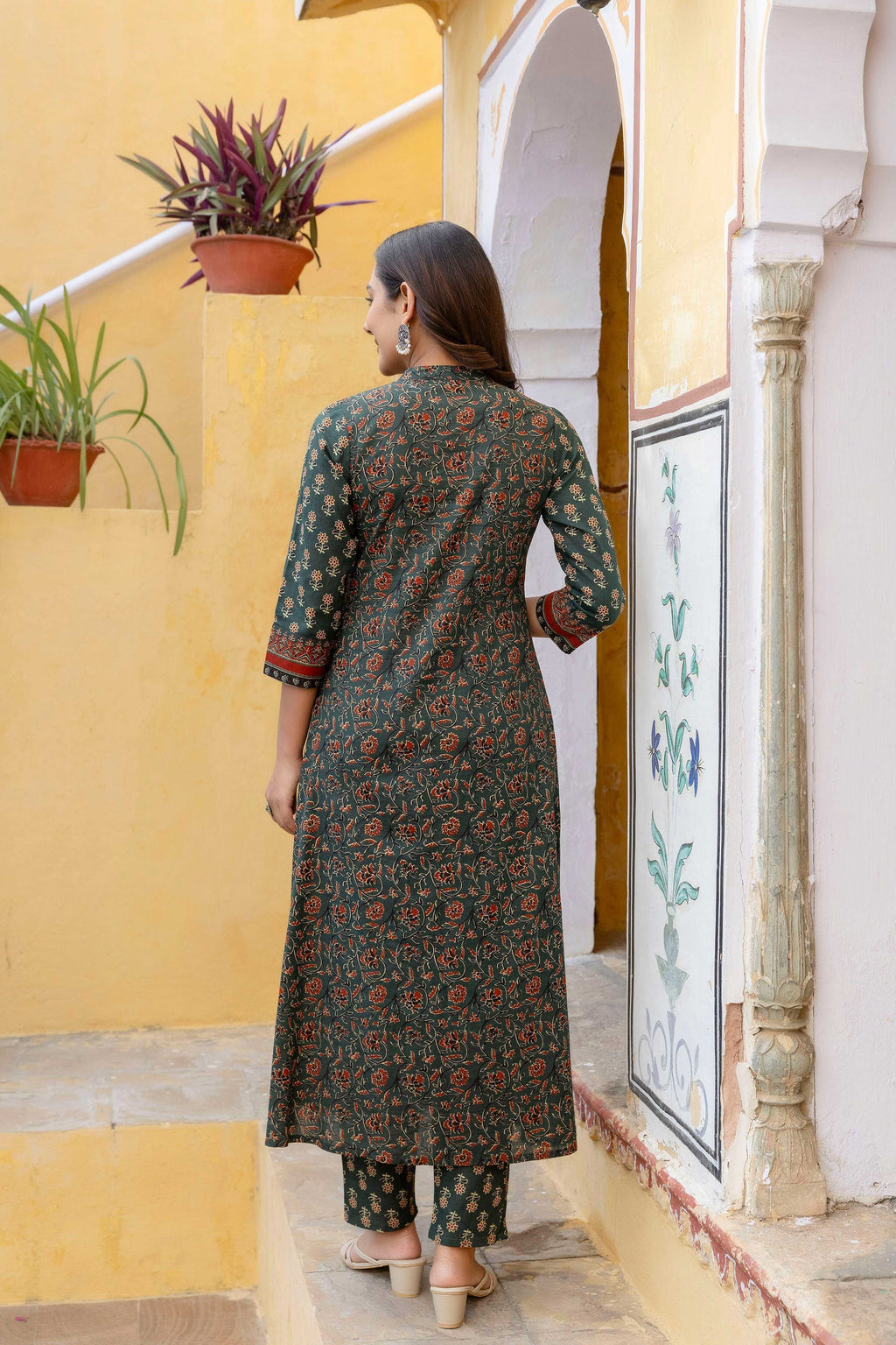 Ethnic Printed A-Line Kurta With Pant & Coordinated Dupatta, Bottle-Green - Hiral Fashion | Grocsy