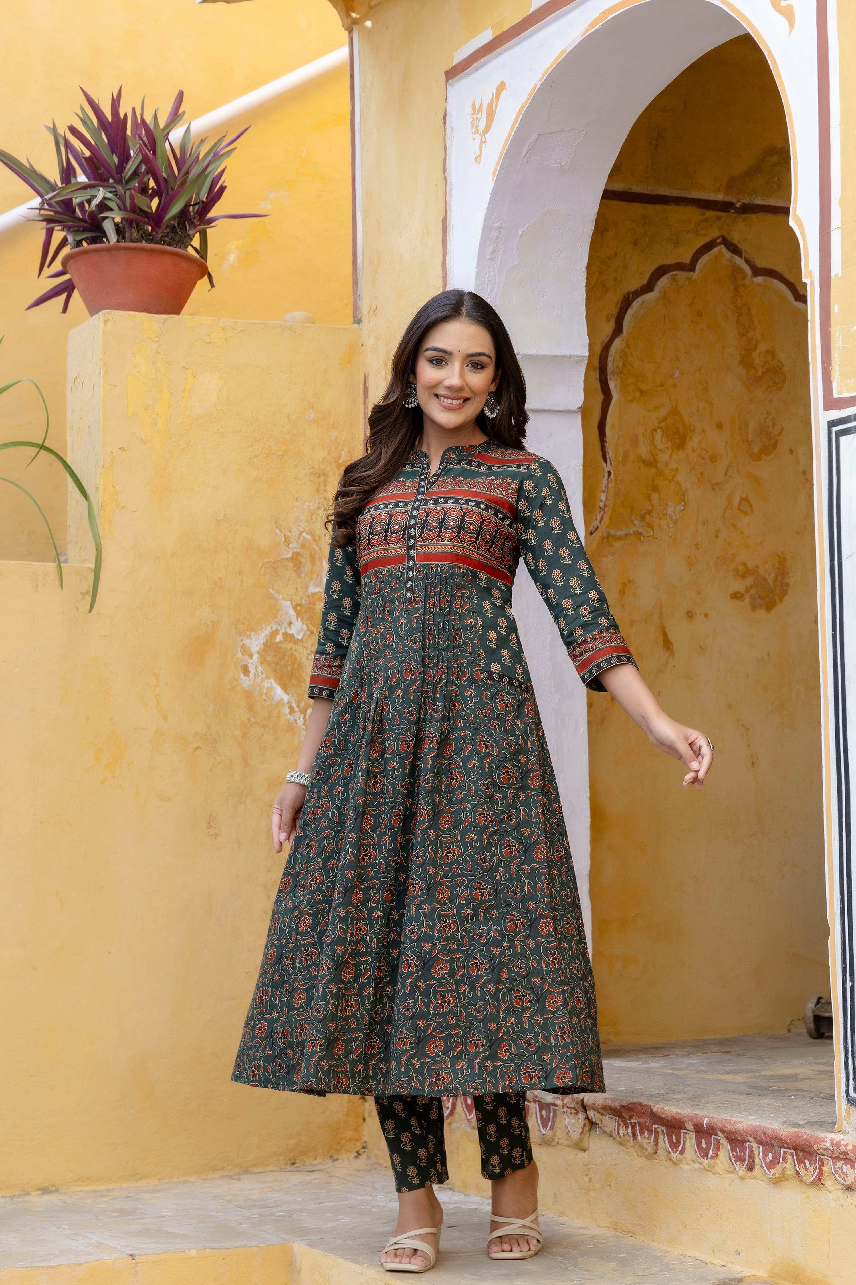 Ethnic Printed A-Line Kurta With Pant & Coordinated Dupatta, Bottle-Green - Hiral Fashion | Grocsy