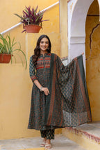 Ethnic Printed A-Line Kurta With Pant & Coordinated Dupatta, Bottle-Green - Hiral Fashion | Grocsy