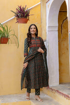 Ethnic Printed A-Line Kurta With Pant & Coordinated Dupatta, Bottle-Green - Hiral Fashion | Grocsy