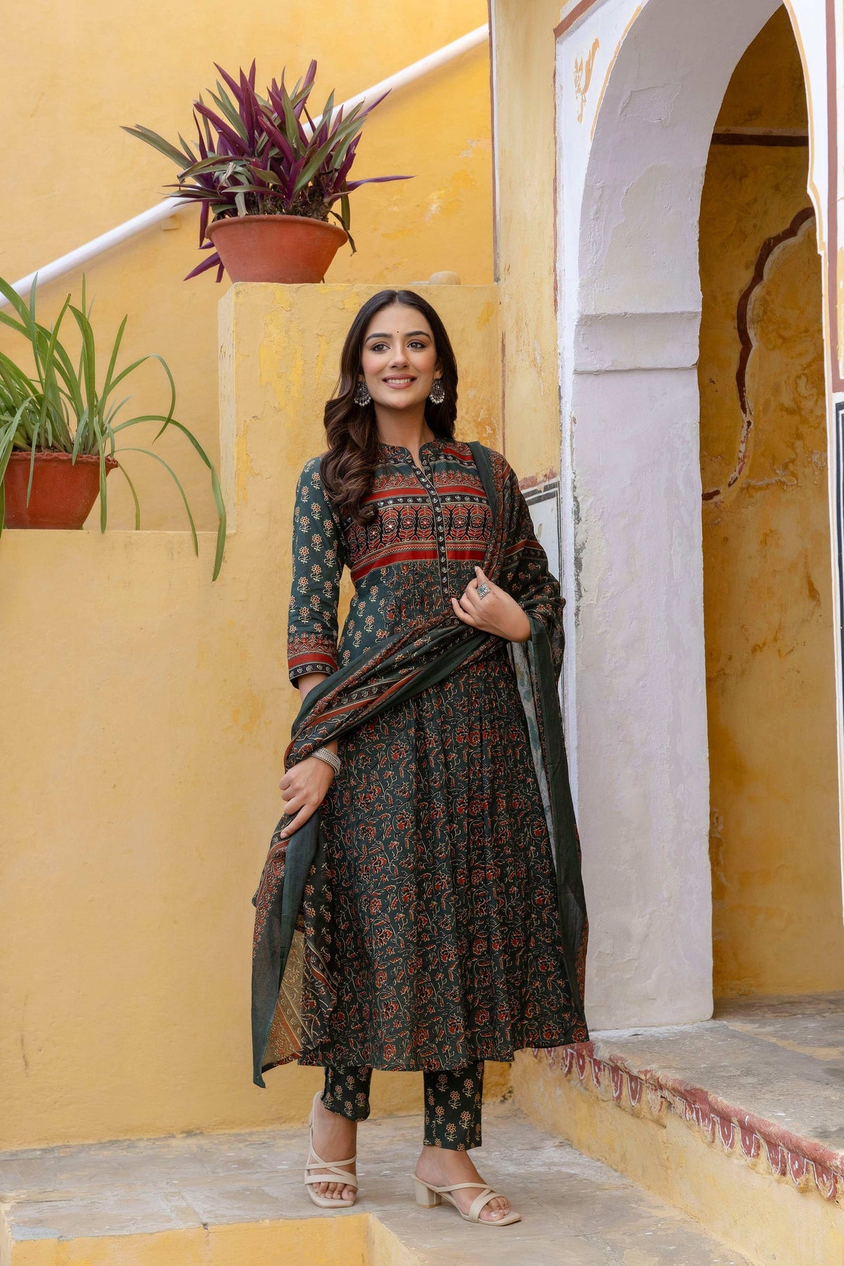 Ethnic Printed A-Line Kurta With Pant & Coordinated Dupatta, Bottle-Green - Hiral Fashion | Grocsy