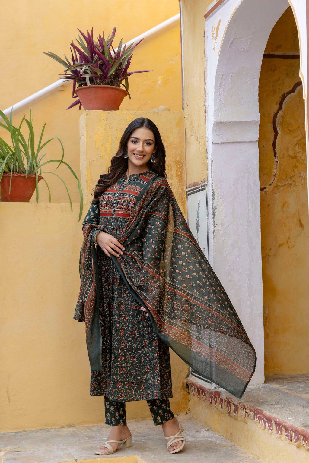 Ethnic Printed A-Line Kurta With Pant & Coordinated Dupatta, Bottle-Green - Hiral Fashion | Grocsy