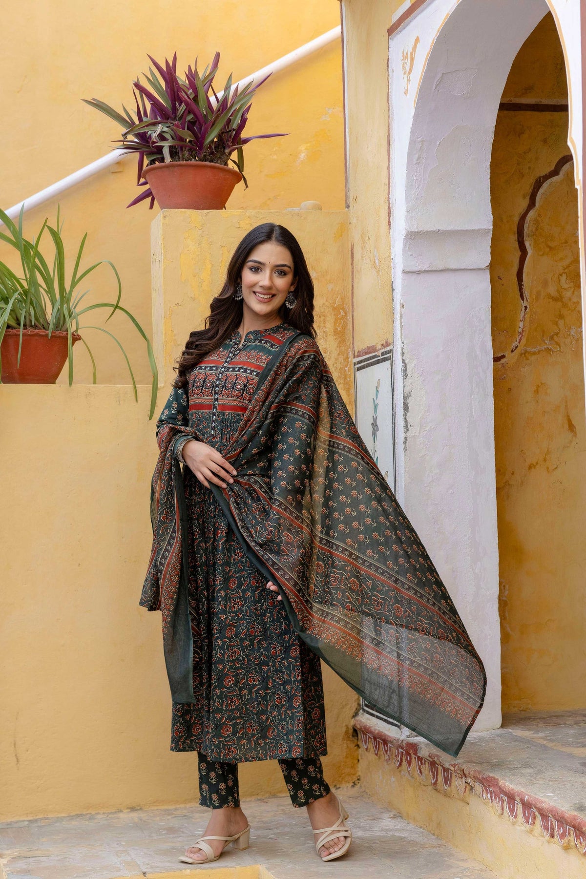 Ethnic Printed A-Line Kurta With Pant & Coordinated Dupatta, Bottle-Green - Hiral Fashion | Grocsy