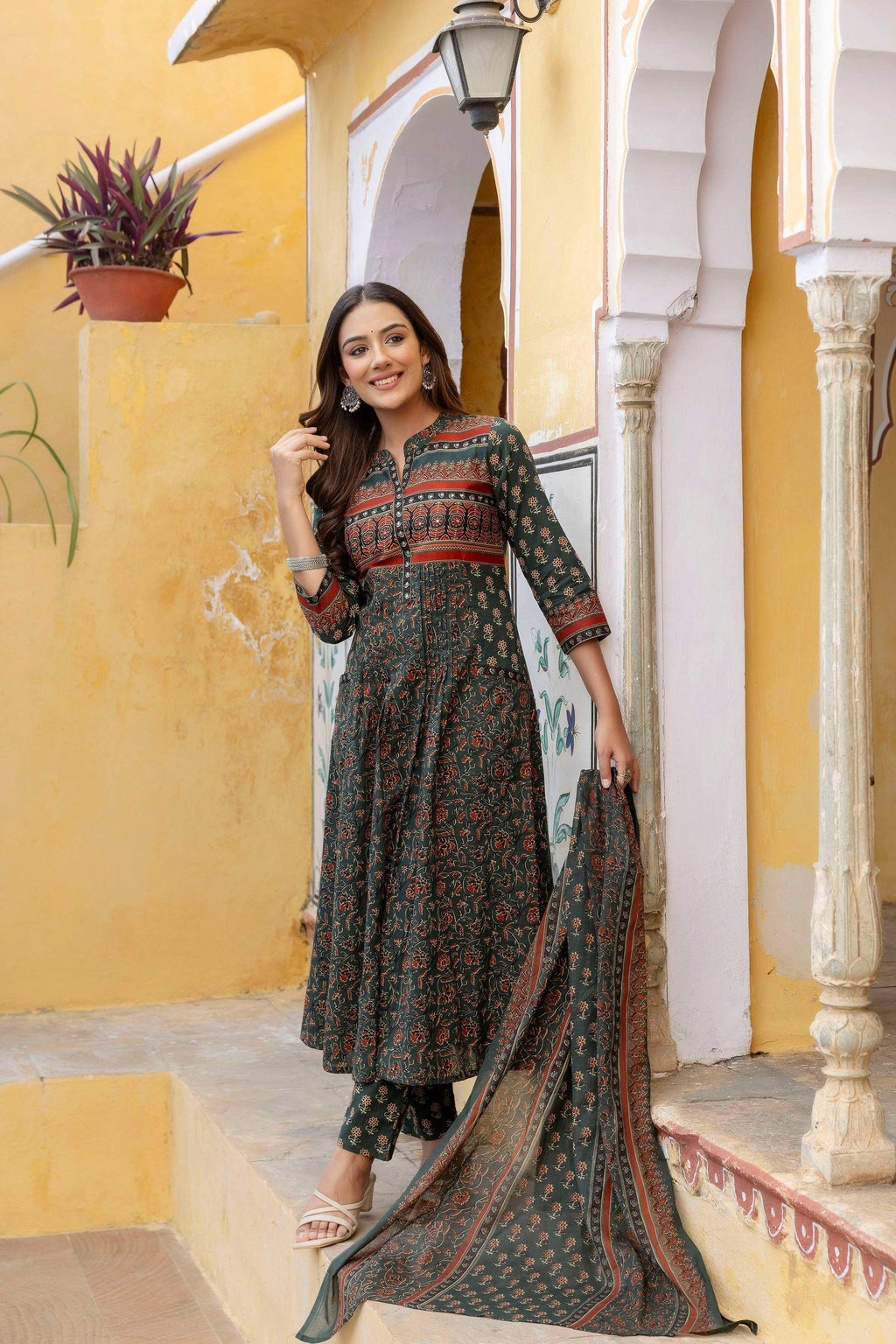 Ethnic Printed A-Line Kurta With Pant & Coordinated Dupatta, Bottle-Green - Hiral Fashion | Grocsy